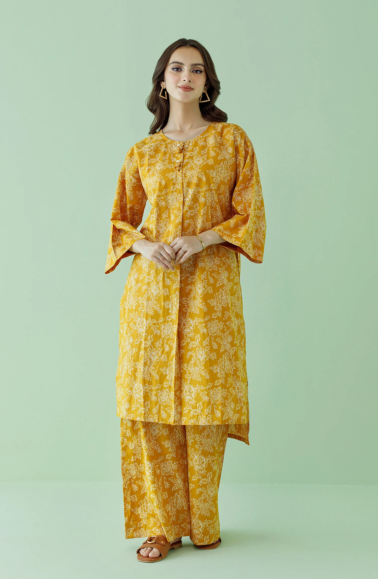 2 PIECE PRINTED LAWN SHIRT AND LAWN PANT - Ochre