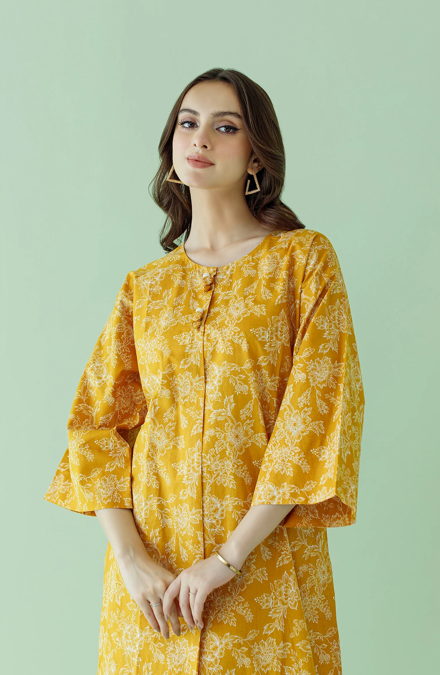 2 PIECE PRINTED LAWN SHIRT AND LAWN PANT - Ochre - Image 5