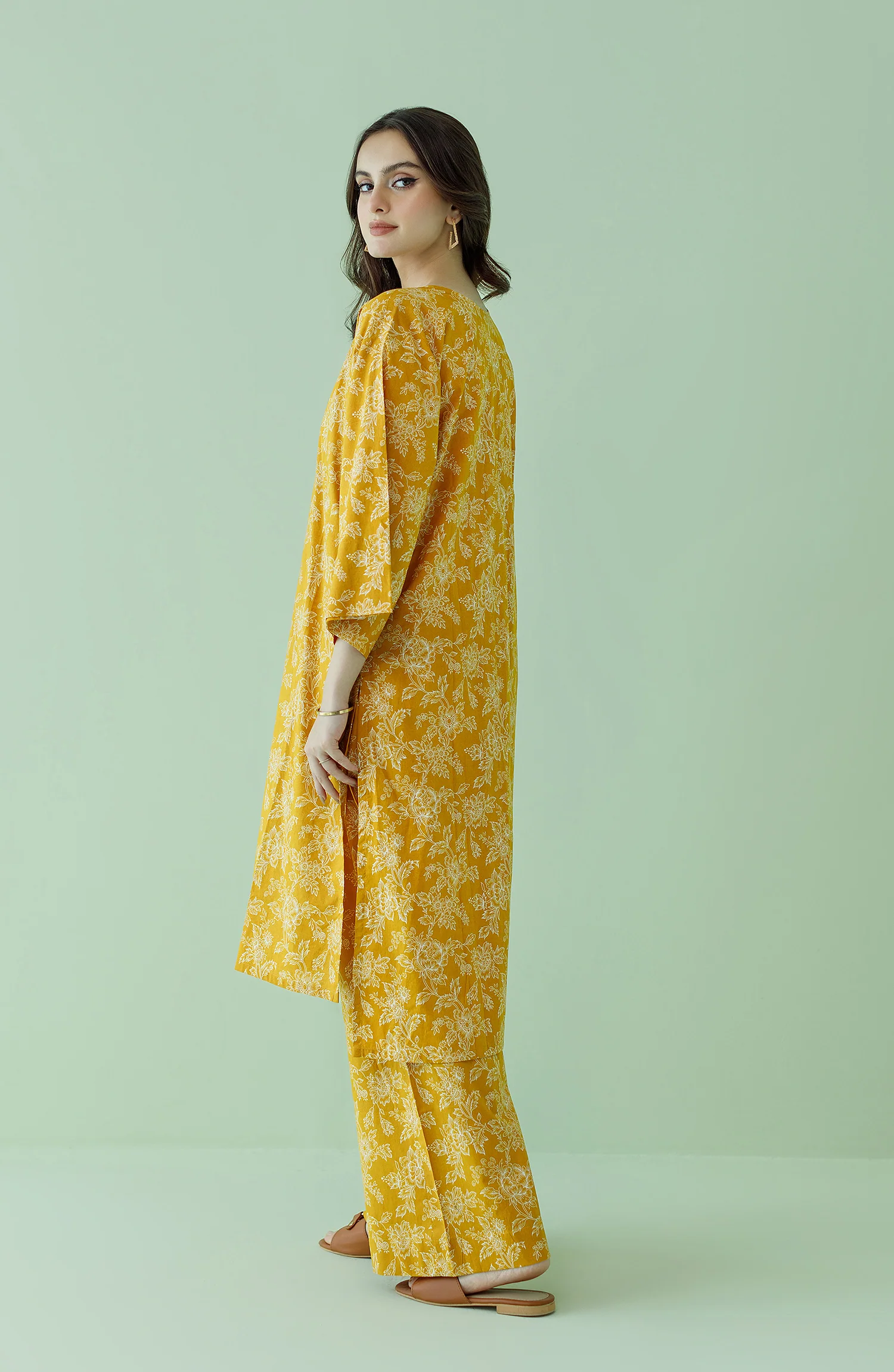 2 PIECE PRINTED LAWN SHIRT AND LAWN PANT - Ochre - Image 2