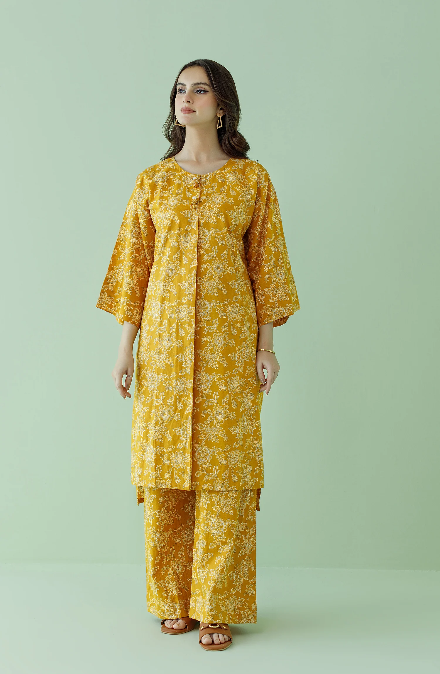 2 PIECE PRINTED LAWN SHIRT AND LAWN PANT - Ochre - Image 3