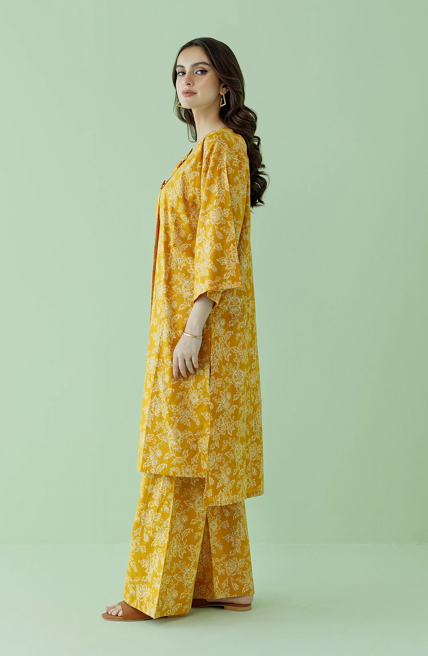 2 PIECE PRINTED LAWN SHIRT AND LAWN PANT - Ochre - Image 4