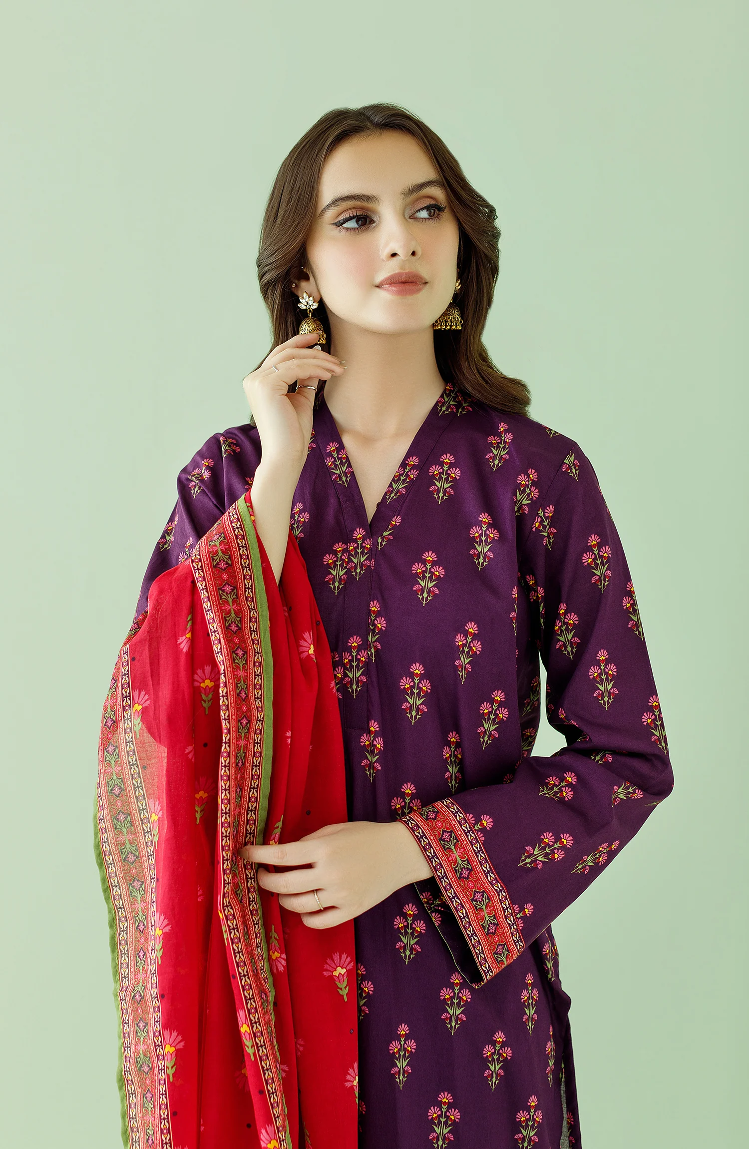 UNSTITCHED 3 PIECE PRINTED LAWN SHIRT , CAMBRIC PANT AND LAWN DUPATTA - Purple