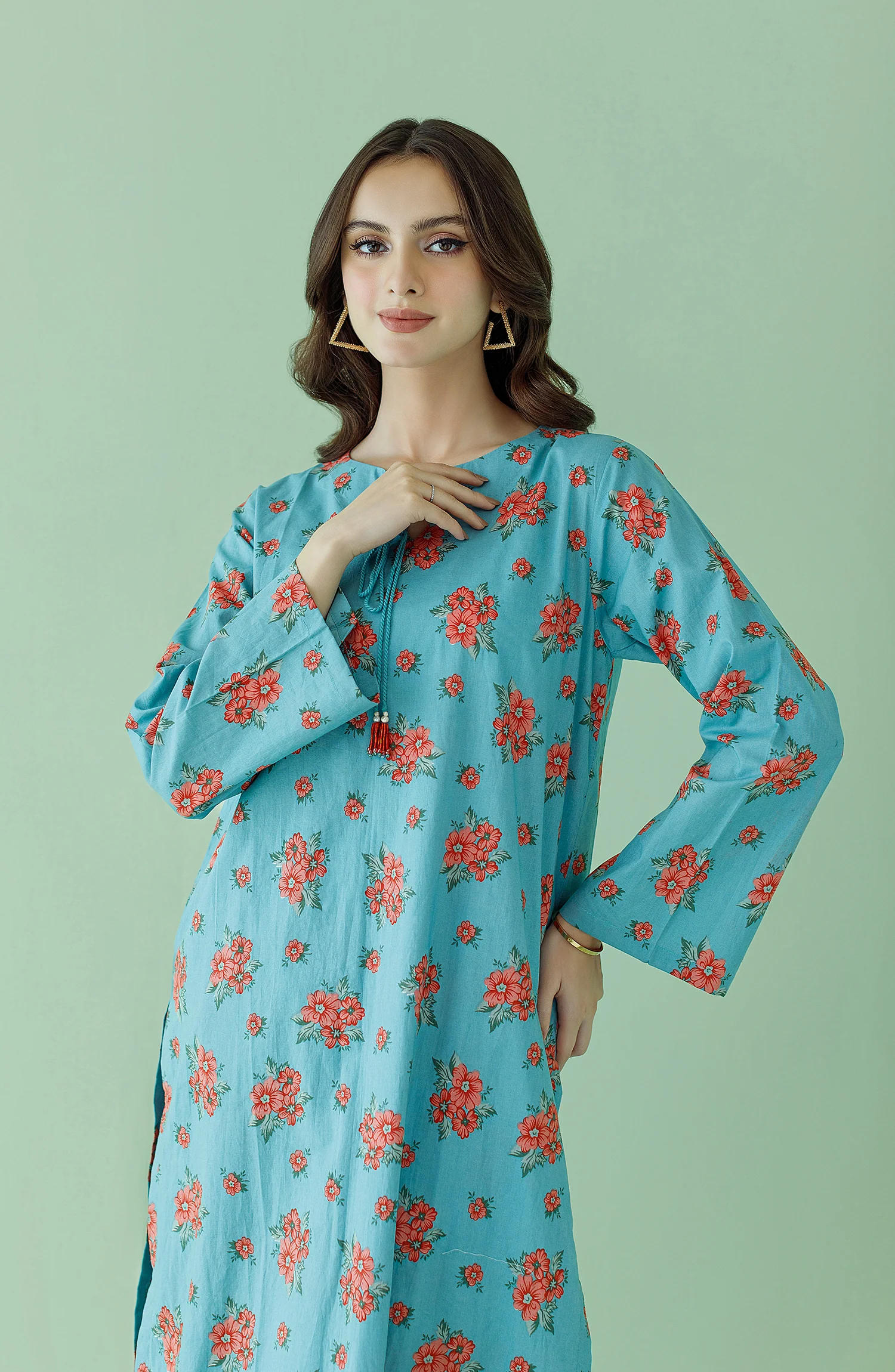 2 PIECE PRINTED LAWN SHIRT AND LAWN PANT - Teal - Image 2