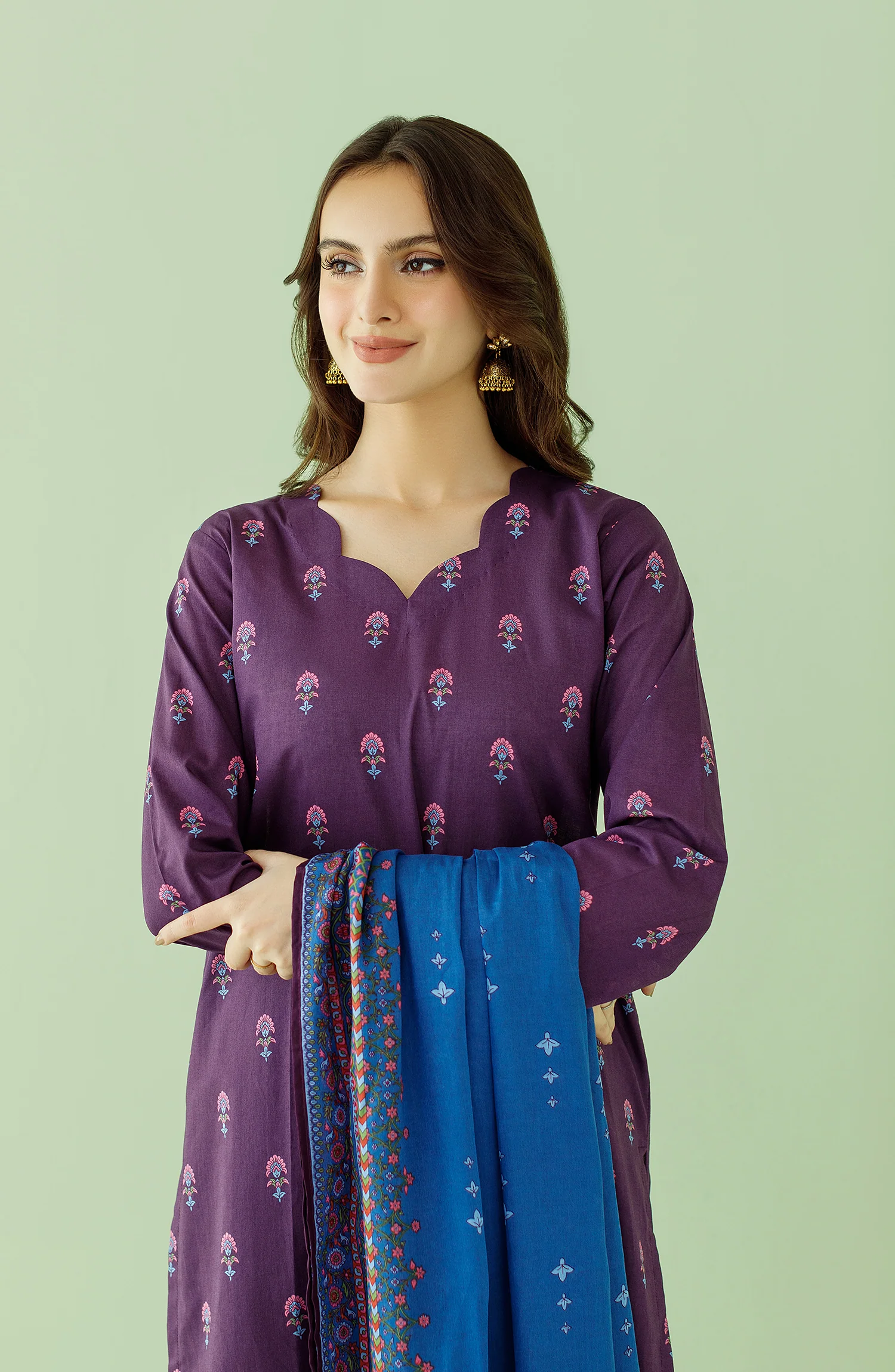 UNSTITCHED 3 PIECE PRINTED LAWN SHIRT , CAMBRIC PANT AND LAWN DUPATTA - Purple - Image 7