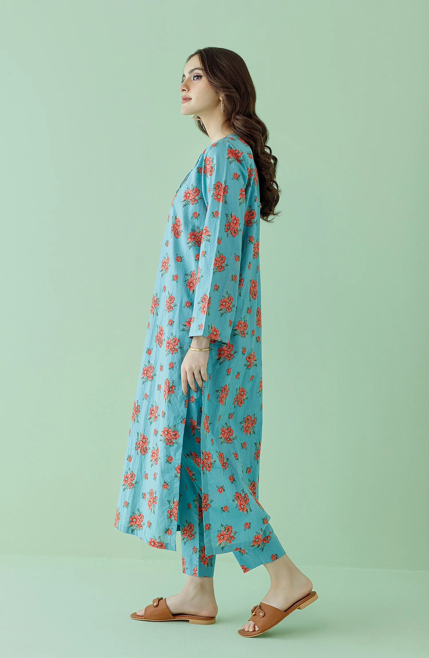 2 PIECE PRINTED LAWN SHIRT AND LAWN PANT - Teal - Image 3