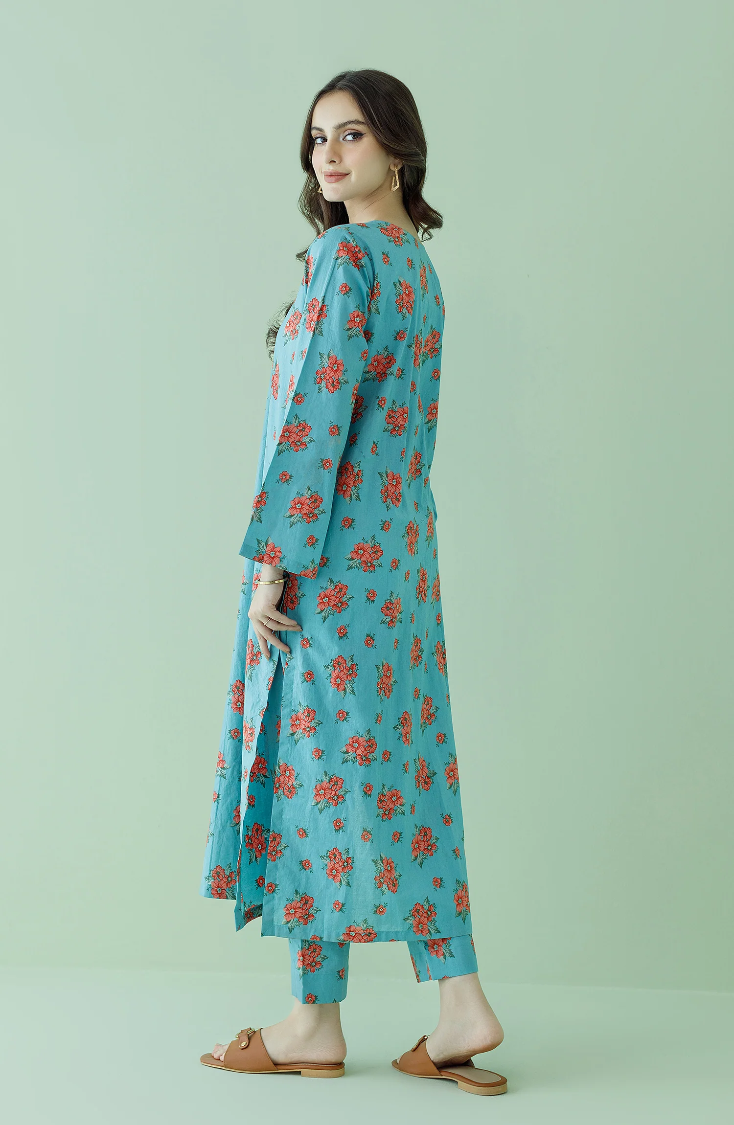 2 PIECE PRINTED LAWN SHIRT AND LAWN PANT - Teal - Image 4